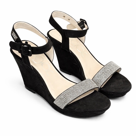 Sugar Shoes - Sugar Chili Rhinestone Wedge Sandals Black Faux Suede Women’s 9.5